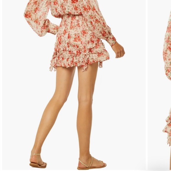 New Misa Los Angeles Floral Mini Skirt Smocked Elastic Waist Tiered Ruffles M - Picture 2 of 12